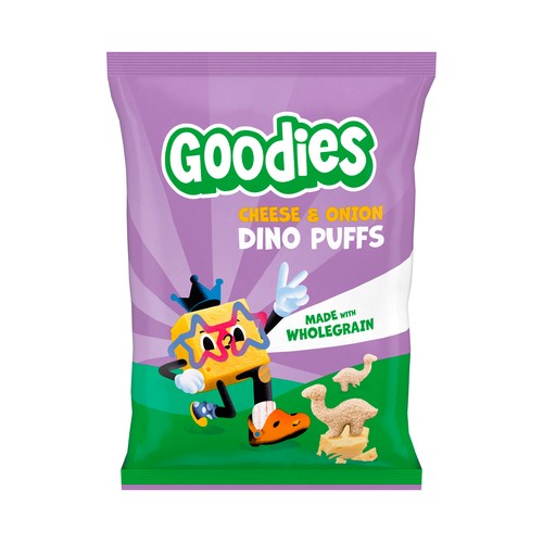 GOODIES Snacks horneados con forma de dinusario, sabor queso y cebolla, a partir de 3 años 30 g.