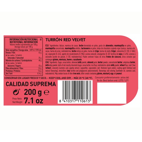 1880 Turrón praliné de red velvet 200 g.