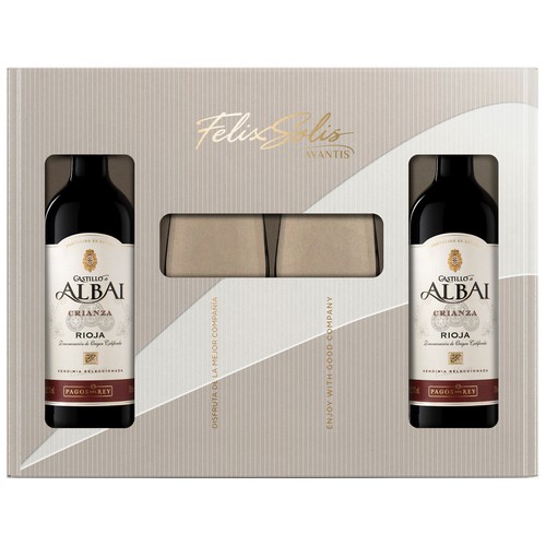 CASTILLO DE ALBAI Estuche con 2 botellas de vino tinto crianza con D.O. Ca. Rioja + 2 copas.