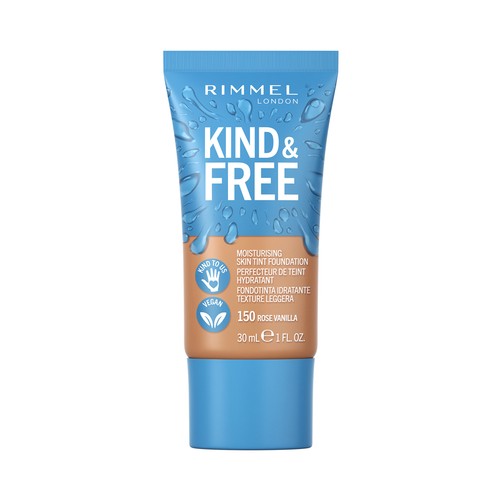 RIMMEL  Kind & free Tono 150 Rose Vainilla Base de maquillaje hidratante para un acabado radiante y saludable, 30 ml.