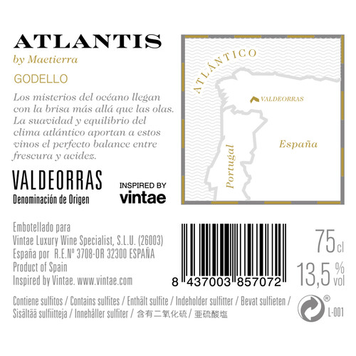 ATLANTIS  Vino blanco con D.O. Valdeorras ALTLANTIS botella de 75 cl.