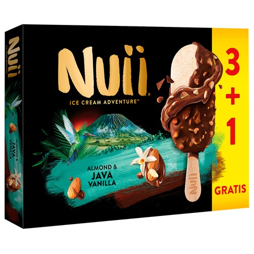 NUII de Nestlé Bombón de helado de vainilla de Java, cubierto de chocolate con leche y trocitos de almendras 3 x 90 g.