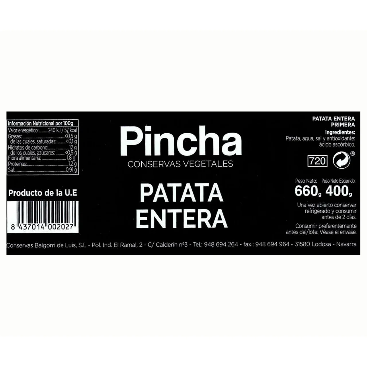 Patata entera en frasco 400 g.