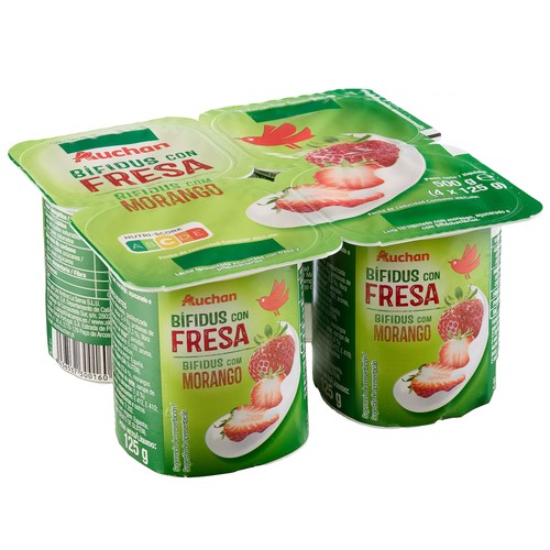 AUCHAN Bífidus con trocitos de fresa 4 x 125 g Producto Alcampo.