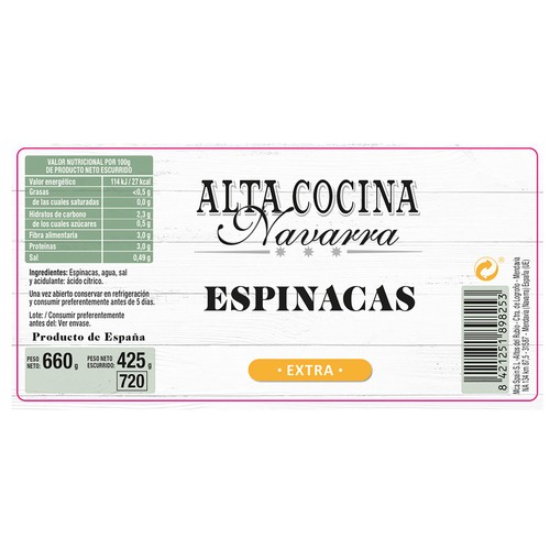 ALTA COCINA Espinacas al natural frasco de 425 g.
