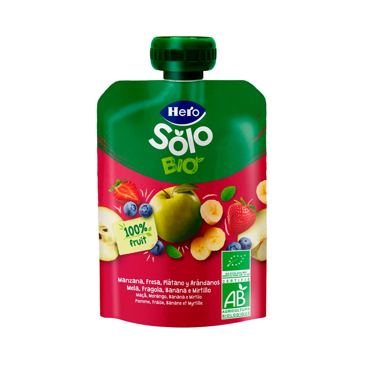 HERO Solo bio Bolsita de fruta (manzana, fresa, plátano y arándanos) ecológicas, a partir de 4 meses 100 g.
