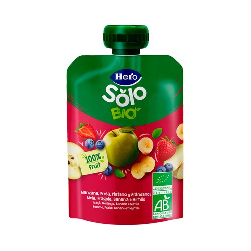 HERO Solo bio Bolsita de fruta (manzana, fresa, plátano y arándanos) ecológicas, a partir de 4 meses 100 g.