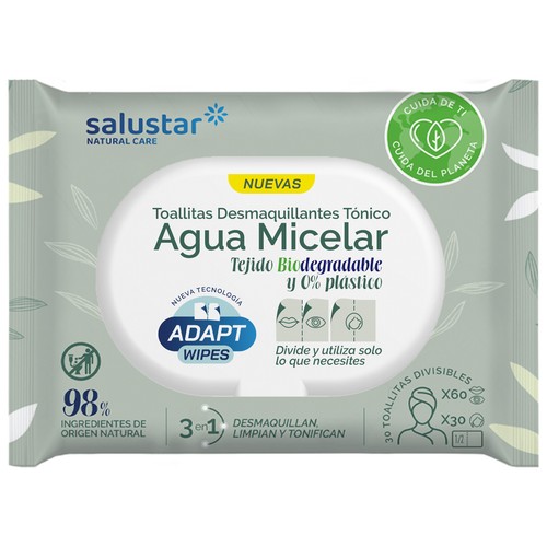 SALUSTAR Toallitas desmaquillantes biodegradables, con tónico y agua micelar SALUSTAR 30 uds.