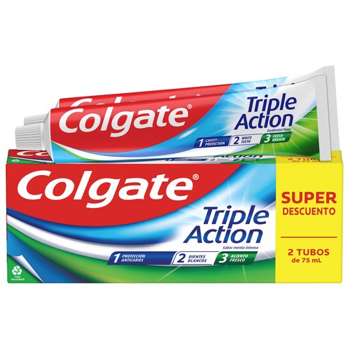 COLGATE Triple acción Pasta de dientes con flúor, calcio y sabor a menta 2 x 75 ml.