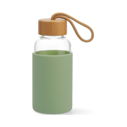 Botella de vidrio 0,3 litros con funda de silicona color verde y tapa de bambú QUID.