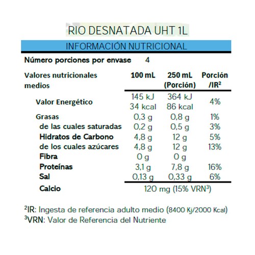 RÍO Leche desnatada de vaca de origen español 6x1 l.