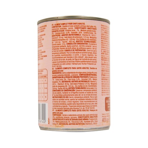 PRODUCTO ALCAMPO Comida para gatos a base de carne de caza 400 g.