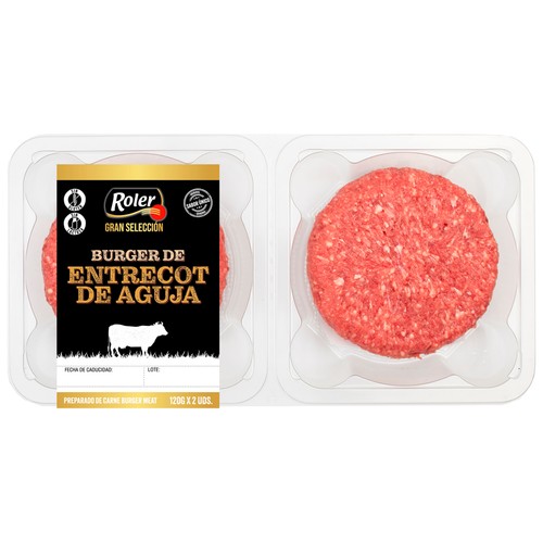 Bandeja de burger meat de entrecot de aguja de vacuno ROLER Summumm 2 x 120 g.