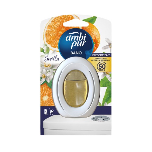 AMBIPUR Sevilla Ambientador de baño, con aroma a naranja, 2 en 1 combate los olores y refresca.