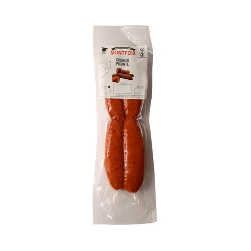Chorizo fresco oreado picante, envasado al vacio y elaborado sin gluten ni lactosa MONTFOIX 280 g.