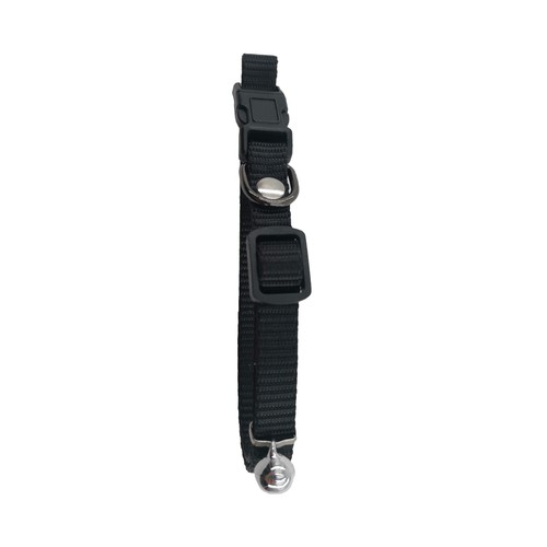 PRODUCTO ALCAMPO Collar de 1 cm. extensible (20 - 40 cm) negro con campana y hebilla de plástico.