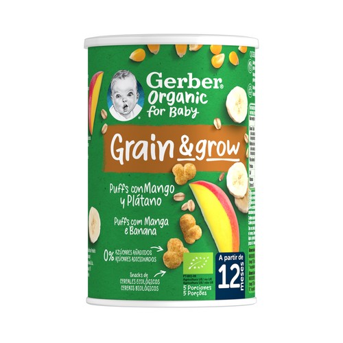 GERBER Organic Snacks (puffs) de cereales ecológicos, con mango y plátano, a paritr de 12 meses 35 g.