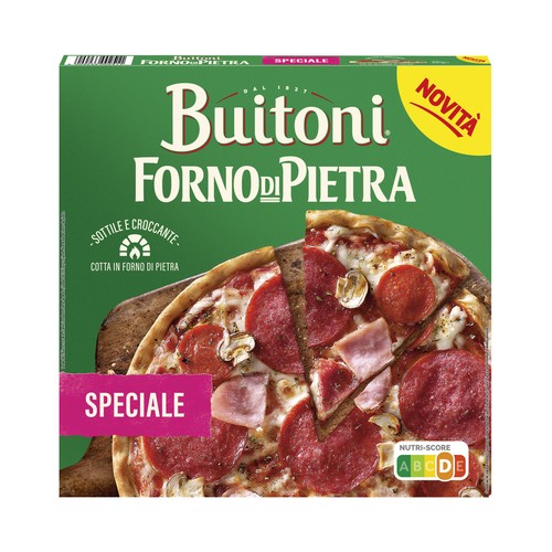 BUITONI Forno di pietra Pizza especiale con salami, jamón cocido, pepperoni, champiñones y mozarella 350 g.