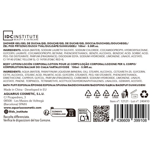 IDC INSTITUTE Gold Neceser con productos para el baño.