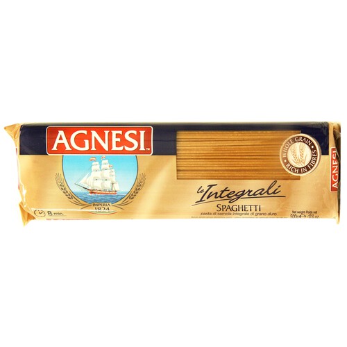 Pasta integral en espagueti AGNESI paquete 500 g.