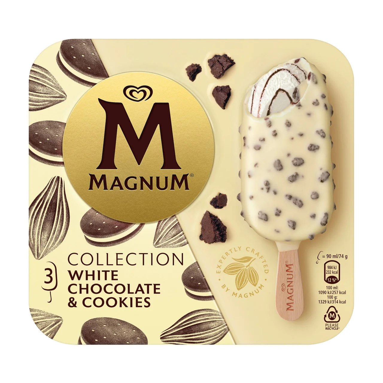 Bombón helado de chocolate blanco con trocitos de cookies colletcion 3 x 90 ml.