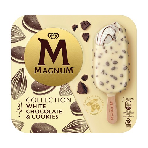 MAGNUM Bombón helado de chocolate blanco con trocitos de cookies colletcion 3 x 90 ml.