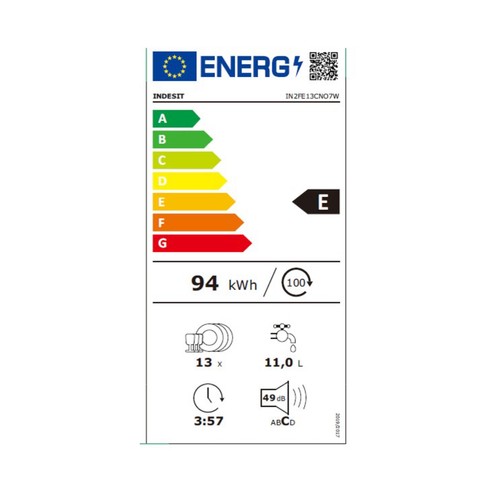 Lavavajillas INDESIT IN2FE13CNO7W blanco, capacidad: 13 servicios, clasificación energética: E, H: 84,5cm, A: 59,8cm, F: 60cm