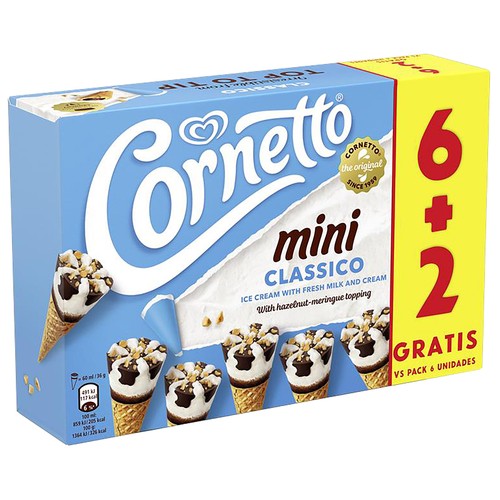 CORNETTO Mini cono de helado de nata, con trocitos de avellana y topping de salsa de chocolate 6 x 60 ml.
