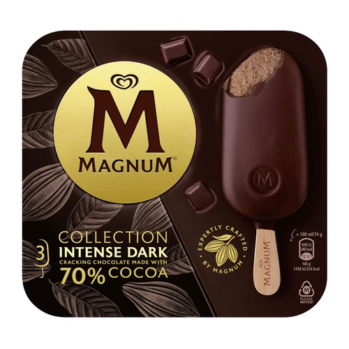 MAGNUM Bombón helado de crujiente chocolate con leche, relleno de chocolate 70% cacao collection 3 x 100 ml.