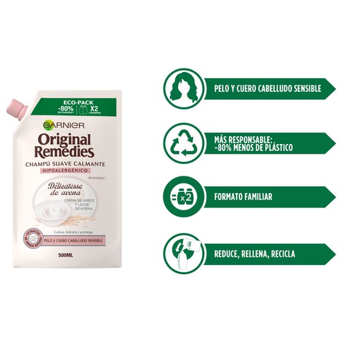 ORIGINAL REMEDIES Champú calmante y nutritivo, para pelo y cuero cabelludo sensible ORIGINAL REMEDIES Délicatesse de Garnier 500 ml.