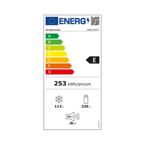 Frigorífico combi 186cm LG GBBSJ10EPY Inox antihuellas NO FROST, clasificación energética: E, H: 186cm, A: 59,7cm, F: 67,5cm, capacidad total: 333L..