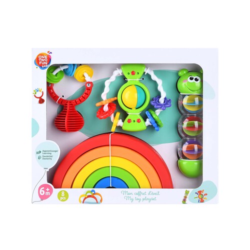 Conjunto de juguetes para bebé con arcoiris y sonajeros, ONE TWO FUN ALCAMPO.