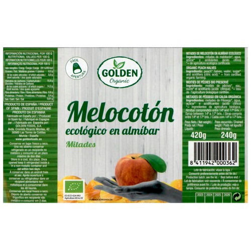 GOLDEN Melocotón en almíbar ecológico, mitades GOLDEN 240 g.