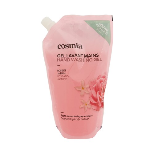 COSMIA Recambio de jabón (gel) de manos líquido, con aroma rosa y jazmín 500 ml.