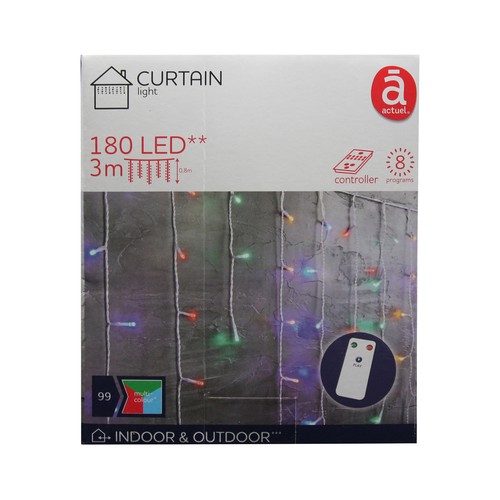 Cortina eléctrica exterior de 180 luces led multicolor, 8 funciones con remoto, ACTUEL.