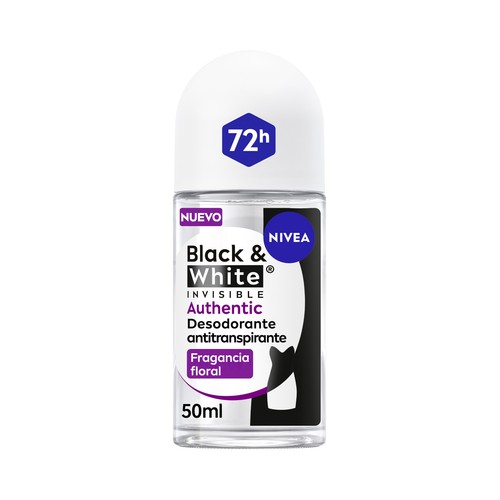 NIVEA Black & white invisible authentic Desodorante roll on para mujer, antitranspirante 72 horas 50 ml.