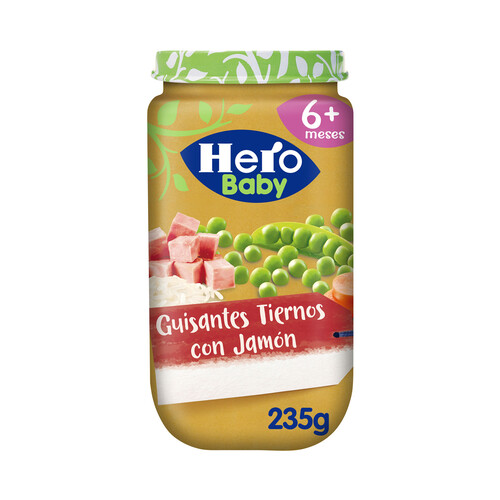 HERO Baby Tarrito con textura suave de guisantes tiernos con jamón, a partir de 6 meses 235 g.