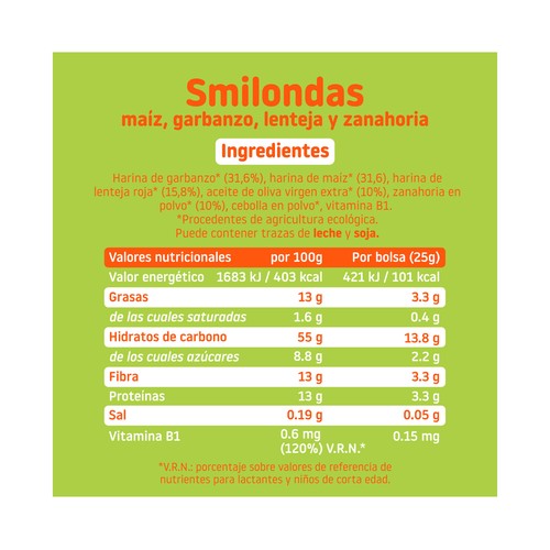 SMILEAT Smilondas Snacks de maiz, garbanzo, lenteja y zanahorias ecológico, a partir de 15 meses 25 g.