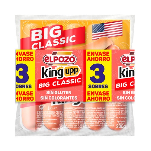 EL POZO Big classic king upp Salchichas cocidas de pavo y cerdo sabor ahumado 3 x 200 g.