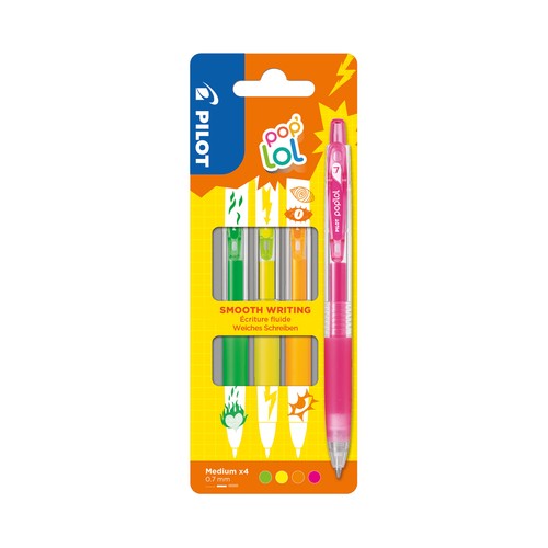 Set 4 bolígrafos retráctiles Pop Lol Neón Pilot verde/azul/negro/fucsia. PILOT