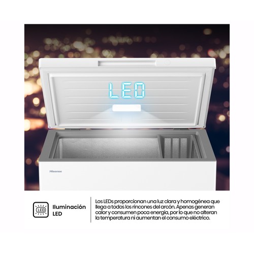 Arcón congelador horizontal HISENSE FT200N1AWDL, color blanco, clasificación energética: D, H: 85,8cm, A: 78,7cm, F: 55,9cm, capacidad total: 198L.