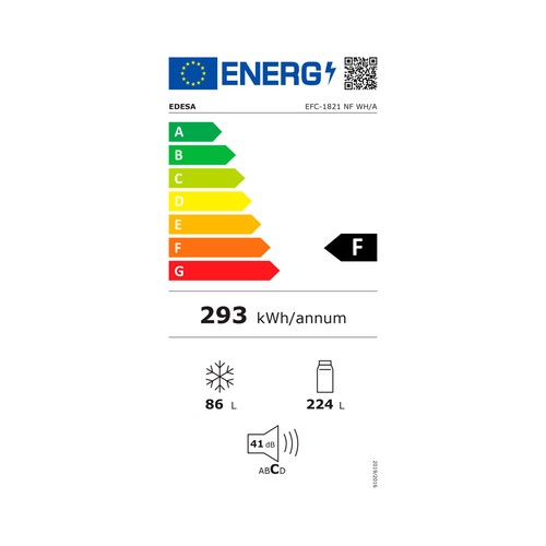 Frigorífico combi EDESA EFC-1821 NF WH NO FROST, clasificación energética: F, H: 188cm, A: 59,5cm, F: 63cm, capacidad total: 310L.