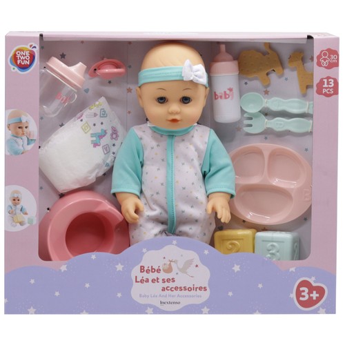 Muñeco Bebé Comiditas y Accesioros de cuidados 30 Cm 13 piezas +3 Años ONE, TWO FUN