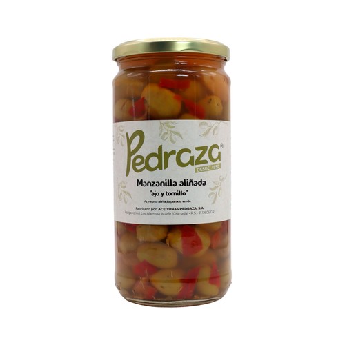 PEDRAZA Aceitunas verdes manzanilla aliñadas con ajo y tomillo frasco de 550 g.