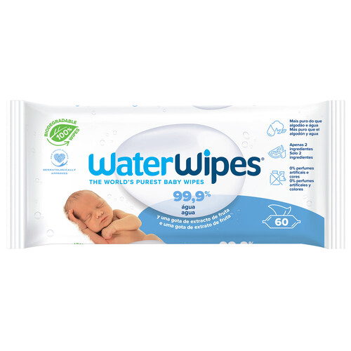 WATERWIPES Toallitas humedas para bebe con un 99.9% de agua y una gota de extracto de fruta 60 uds.
