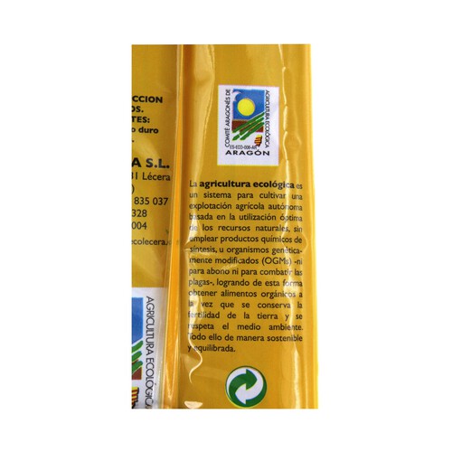 ECOLECERA Pasta Espaguetis ecológicos, pasta compuesta integral de calidad superior ECOLECERA 500 g.