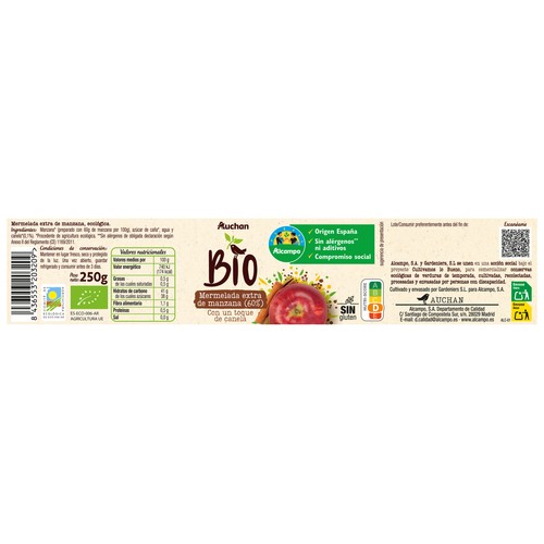 ALCAMPO CULTIVAMOS LO BUENO Bio Mermelada extra de manzana (60%) con un toque de canela ecológica 250 g.