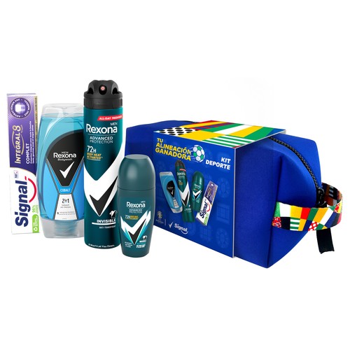 REXONA Uefa 2024 Neceser con productos para el cuidado y la higiene masculina.