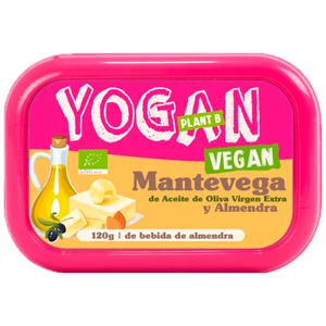 YOGAN Plant B Tarrina de margarina con bebida de almendra ecológica y aceite de oliva virgen extra 120 g.