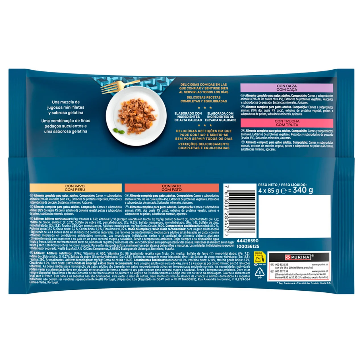 Comida para gatos en gelatina de pato, caza, trucha y pavo 4 uds. 85 g.